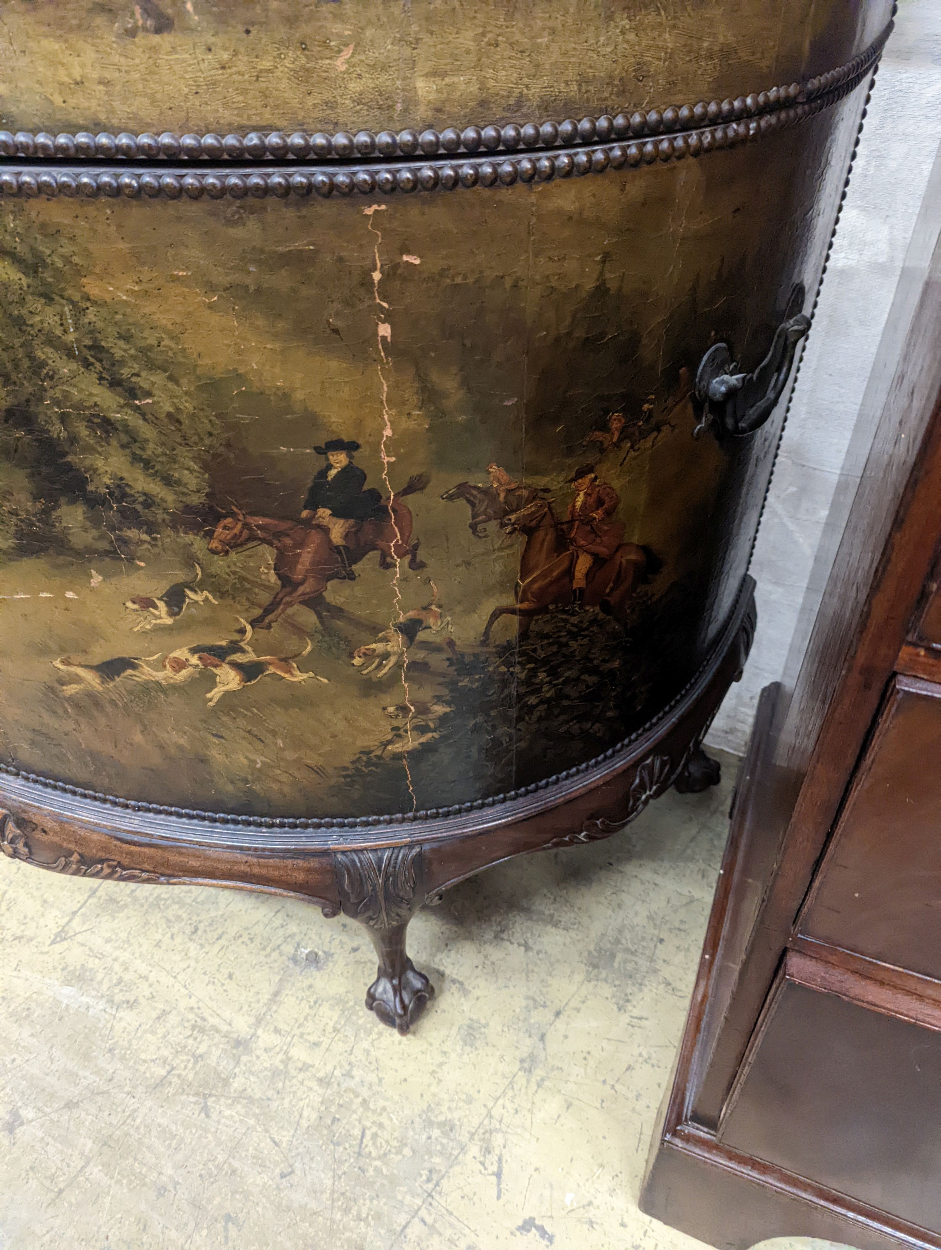 An early 20th century leather covered mahogany D shaped hinged top coffer painted with hunting scenes, length 114cm, depth 53cm, height 91cm